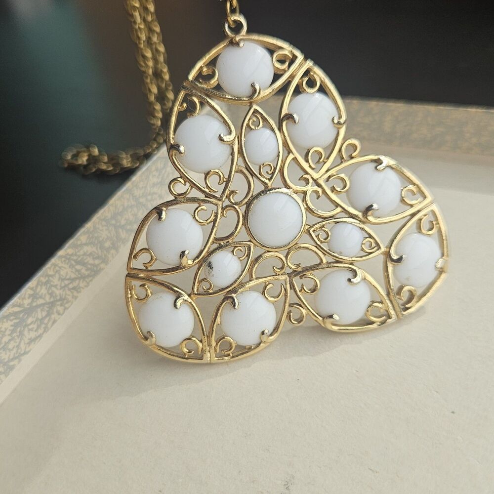Large Pendant Necklace Gold Tone And White Mid Century Jewelry